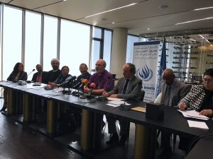 Schirrmacher (in purple shirt) speaking at the press release in Beirut presenting the Beirut declaration. Second from left: UN Special Rapporteur on Freedom of Religion and Belief, Ahmed Shaheed (Maldives). Third from left: Sheikh Maytham Al-Salman (Bahrain). Left side of Schirrmacher: Ibrahim Salama, chief of the UN Human Rights Treaties Branch. Right side of Schirrmacher: Abdel Salam Sidahmed, OHCHR regional representative. © BQ / Warnecke