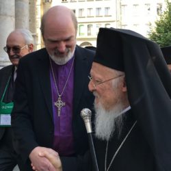 Thomas Schirrmacher welcomes Ecumenical Patriarch Bartholomew I in front of Geneva Cathedral for the WCC’s 70th anniversary service. © BQ/Warnecke