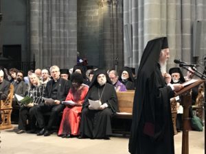 Ecumenical Patriarch Bartholomew I preaches at the 70th anniversary service of the WCC in Geneva Cathedral. In the background the WCC presidium © BQ/Warnecke