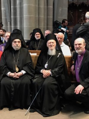 Thomas Schirrmacher with Ecumenical Patriarch Bartholomew I (centre) and Metropolitan Gennadios, WCC vice-president, in Geneva Cathedral for the WCC’s 70th anniversary service © BQ/Warnecke