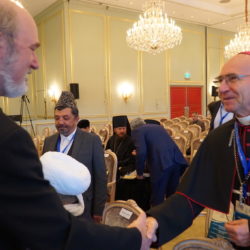 Thomas Schirrmacher greets an old friend, the Catholic bishop in Baku, Vladimir Fekete, S.D.B. © BQ/Warnecke