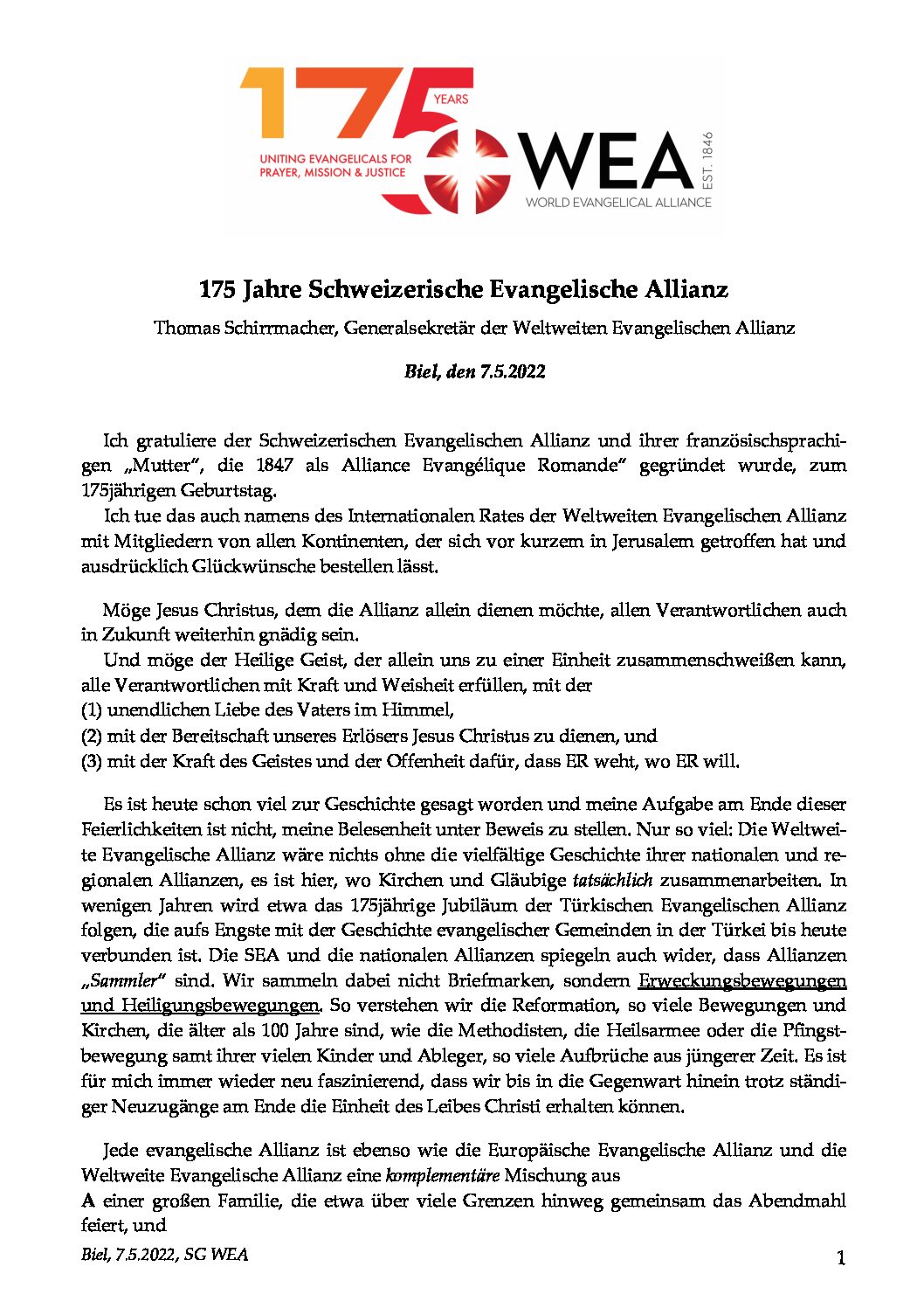 175 Jahre Schweizerische Evangelische Allianz